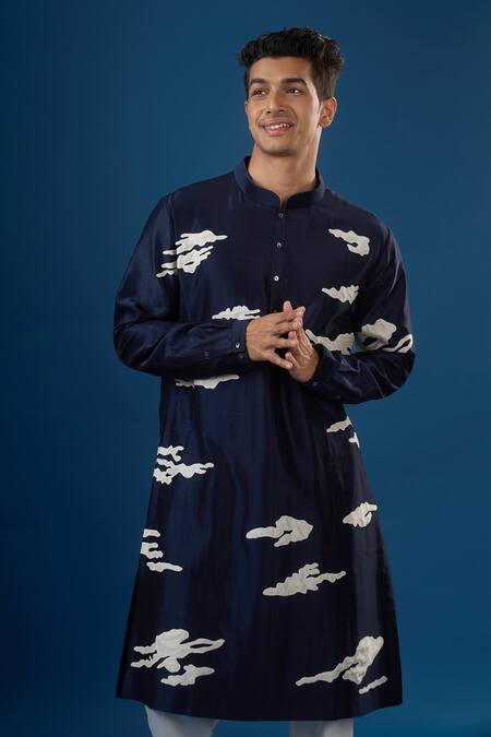 Countrymade_Blue Embroidery Navy Abstract Cloud Kurta And Pant Set_Online_at_Aza_Fashions