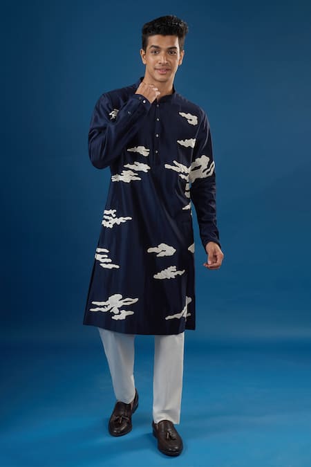 Countrymade Blue Embroidery Navy Abstract Cloud Kurta And Pant Set