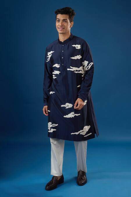Shop_Countrymade_Blue Embroidery Navy Abstract Cloud Kurta And Pant Set_Online_at_Aza_Fashions