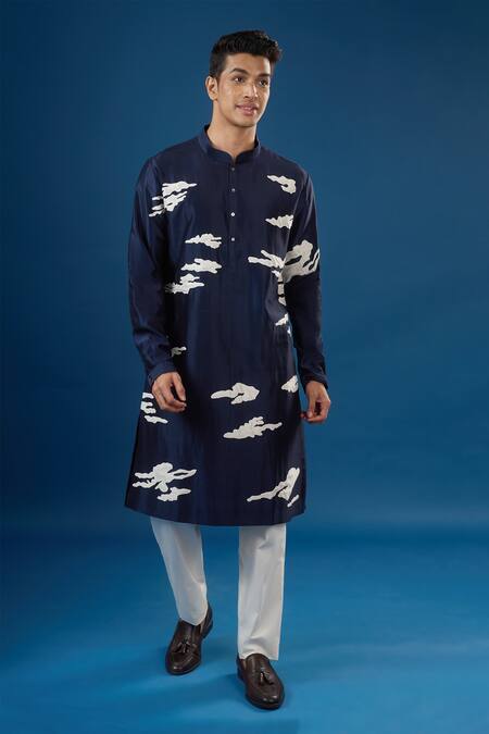 Countrymade_Blue Embroidery Navy Abstract Cloud Kurta And Pant Set_at_Aza_Fashions