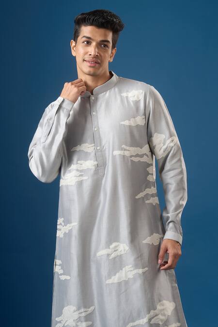 Countrymade_Silver Embroidery Abstract Cloud Kurta Set _Online_at_Aza_Fashions