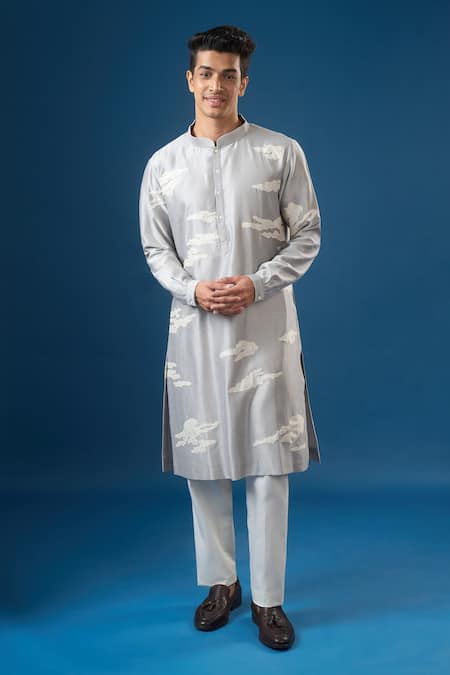 Buy_Countrymade_Silver Embroidery Abstract Cloud Kurta Set _Online_at_Aza_Fashions