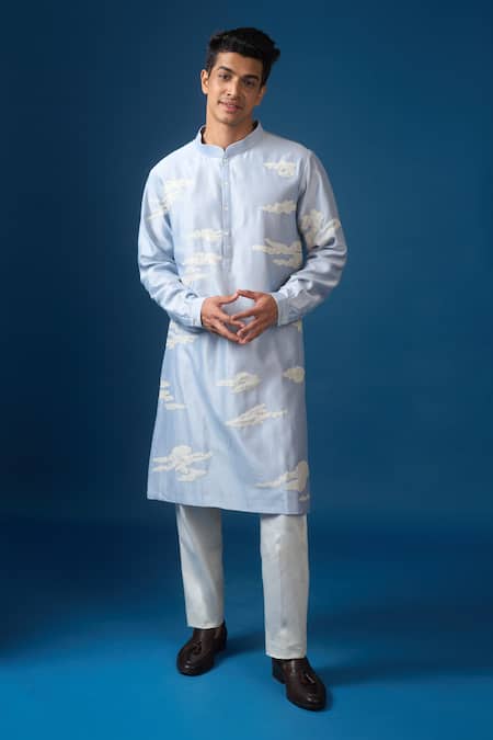 Countrymade Blue Embroidery Abstract Cloud Kurta Set 