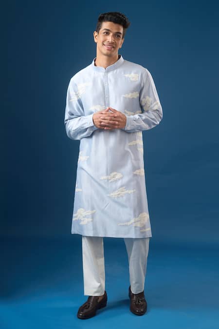 Countrymade_Blue Embroidery Abstract Cloud Kurta Set _Online_at_Aza_Fashions