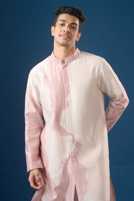 Countrymade_Pink Old Rose Line Pattern Kurta Set _at_Aza_Fashions