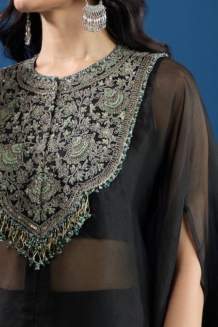 Prisho_Black Embroidery Round Neck Kaftan Set _Online_at_Aza_Fashions
