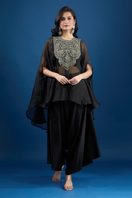 Shop_Prisho_Black Embroidery Round Neck Kaftan Set _Online_at_Aza_Fashions