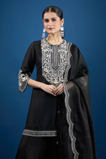 Buy_Prisho_Black Chiffon Embroidery Round Neck Designer Kurta Set _Online_at_Aza_Fashions