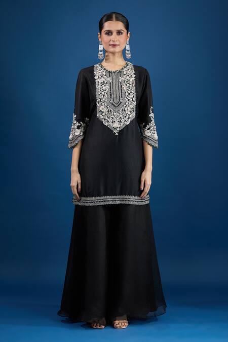 Prisho_Black Chiffon Embroidery Round Neck Designer Kurta Set _at_Aza_Fashions