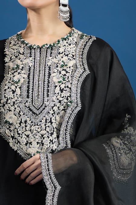 Buy_Prisho_Black Chiffon Embroidery Round Neck Designer Kurta Set 