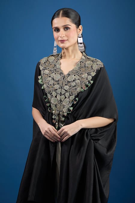 Buy_Prisho_Black Embroidery V-neck Designer Kaftan And Draped Pant Set _Online_at_Aza_Fashions