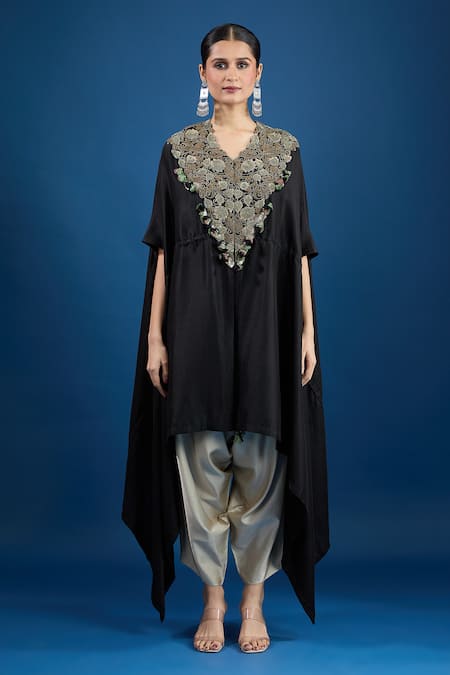 Shop_Prisho_Black Embroidery V-neck Designer Kaftan And Draped Pant Set _Online_at_Aza_Fashions