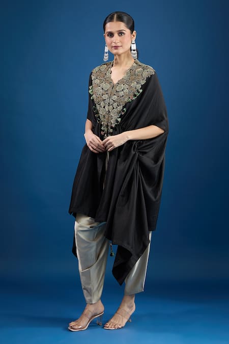 Prisho Black Designer Kaftan & Draped Pant Set 