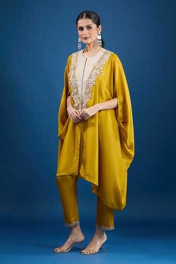 Prisho_Mustard Embroidery Round Neck Yellow Designer Kaftan And Pant Set _Online_at_Aza_Fashions