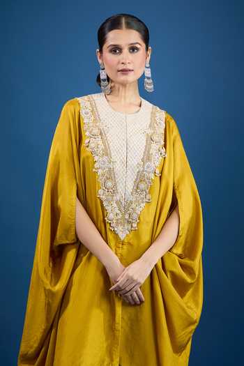 Buy_Prisho_Mustard Embroidery Round Neck Yellow Designer Kaftan And Pant Set _Online_at_Aza_Fashions