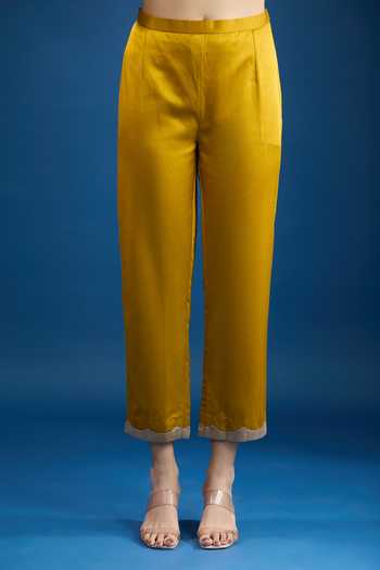 Shop_Prisho_Mustard Embroidery Round Neck Yellow Designer Kaftan And Pant Set _Online_at_Aza_Fashions