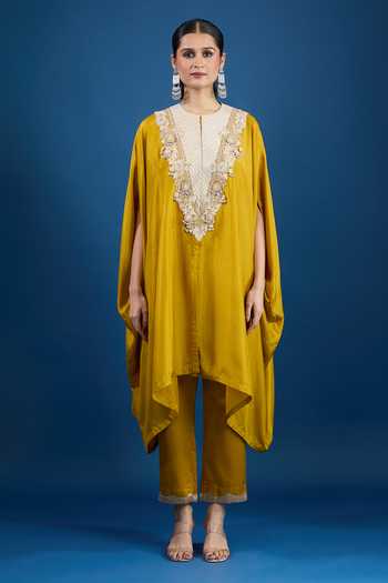 Prisho_Mustard Embroidery Round Neck Yellow Designer Kaftan And Pant Set _at_Aza_Fashions