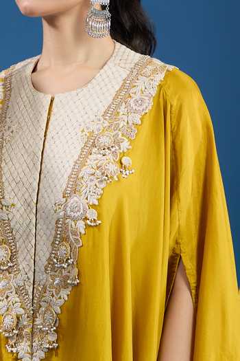Buy_Prisho_Mustard Embroidery Round Neck Yellow Designer Kaftan And Pant Set 