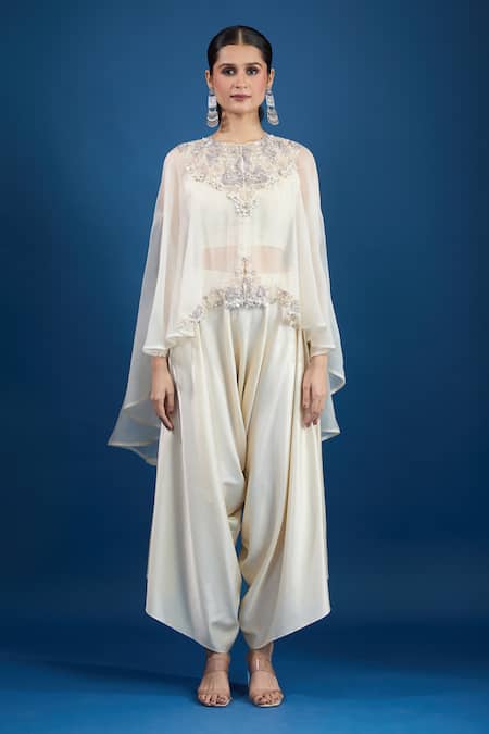 Prisho_Ivory Embroidery Round Neck Designer Kaftan Set _Online_at_Aza_Fashions