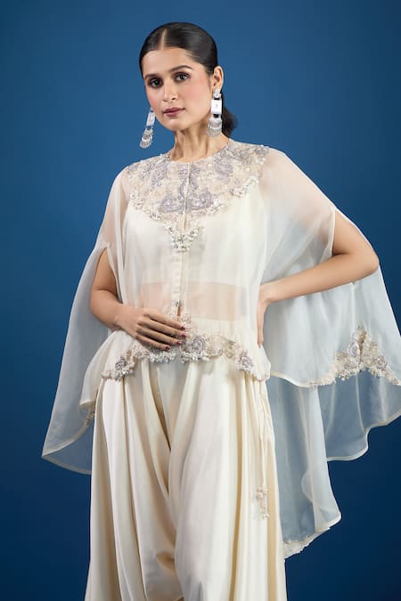 Prisho_Ivory Embroidery Round Neck Designer Kaftan Set _at_Aza_Fashions