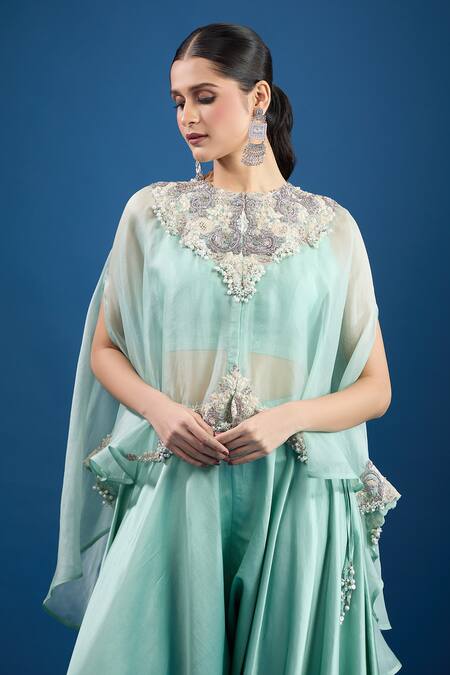 Buy Prisho Aqua Chiffon Embroidery, Beads Round Neck Blue Designer Kaftan And Draped Pant Set Online at Aza Fashions Buy_Prisho_Aqua Chiffon Embroidery, Beads Round Neck Blue Designer Kaftan And Draped Pant Set _Online_at_Aza_Fashions