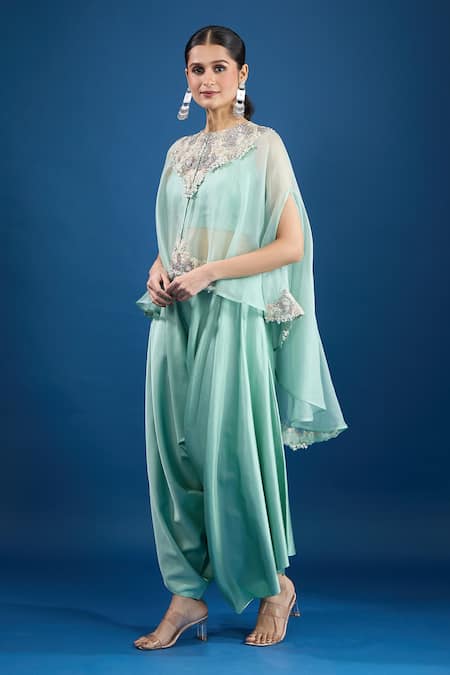 Prisho Aqua Chiffon Embroidery, Beads Round Neck Blue Designer Kaftan And Draped Pant Set 