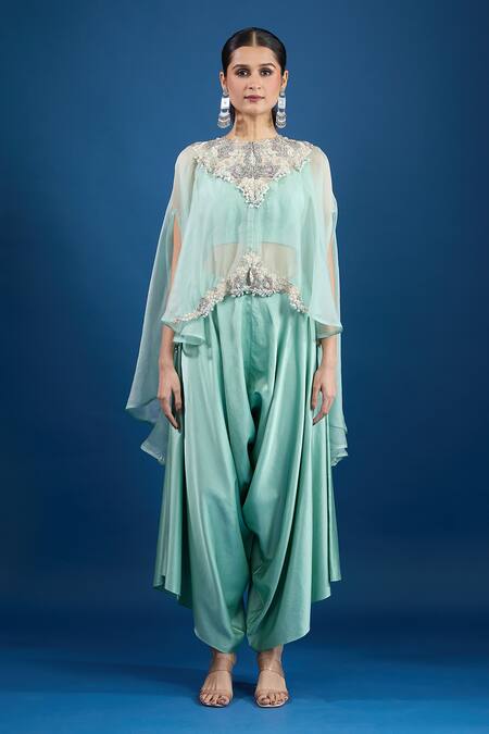 Prisho Aqua Chiffon Embroidery, Beads Round Neck Blue Designer Kaftan And Draped Pant Set at Aza Fashions Prisho_Aqua Chiffon Embroidery, Beads Round Neck Blue Designer Kaftan And Draped Pant Set _at_Aza_Fashions