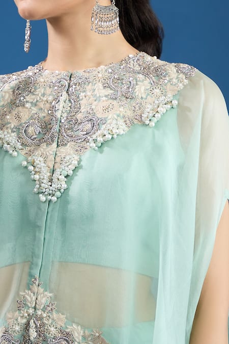 Buy Prisho Aqua Chiffon Embroidery, Beads Round Neck Blue Designer Kaftan And Draped Pant Set Buy_Prisho_Aqua Chiffon Embroidery, Beads Round Neck Blue Designer Kaftan And Draped Pant Set