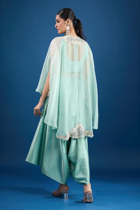 Shop Prisho Aqua Chiffon Embroidery, Beads Round Neck Blue Designer Kaftan And Draped Pant Set at Aza Fashions Shop_Prisho_Aqua Chiffon Embroidery, Beads Round Neck Blue Designer Kaftan And Draped Pant Set _at_Aza_Fashions