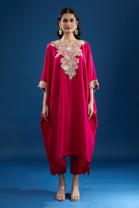 Prisho_Fuchsia Embroidery V-neck Pink Designer Kaftan And Pant Set _Online_at_Aza_Fashions
