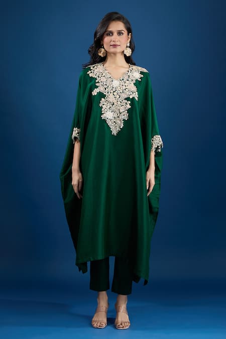 Prisho_Green Embroidery Round Neck Kaftan And Pant Set _Online_at_Aza_Fashions