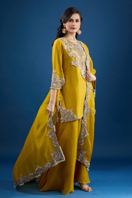 Shop Prisho Yellow Chiffon Embroidery Round Neck Designer Kurta Set With Dupatta Online at Aza Fashions Shop_Prisho_Yellow Chiffon Embroidery Round Neck Designer Kurta Set With Dupatta _Online_at_Aza_Fashions