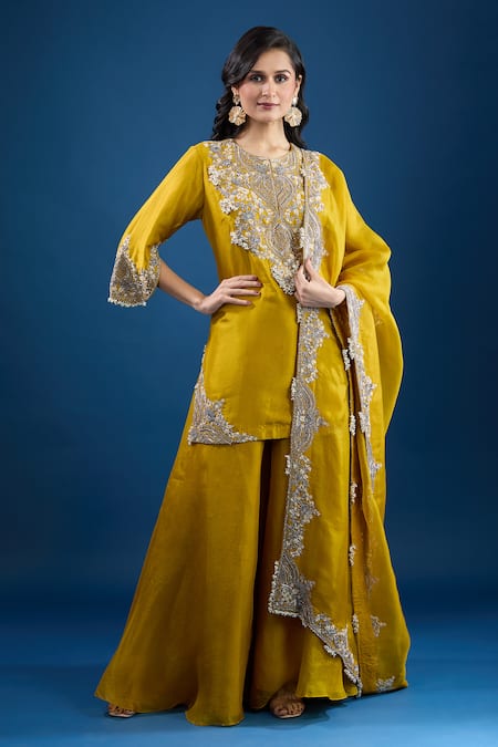 Prisho Yellow Chiffon Embroidery Round Neck Designer Kurta Set With Dupatta 