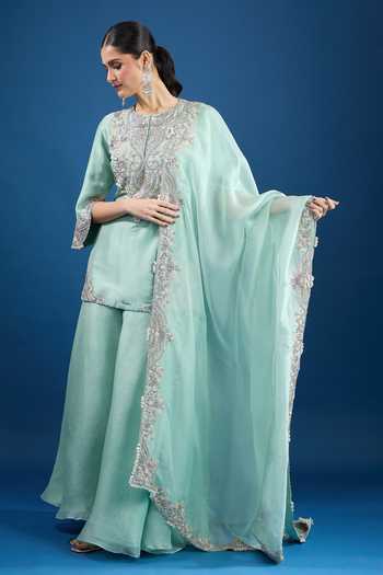Shop Prisho Aqua Chiffon Sequins, Embroidery Round Neck Blue Designer Kurta Set Online at Aza Fashions Shop_Prisho_Aqua Chiffon Sequins, Embroidery Round Neck Blue Designer Kurta Set _Online_at_Aza_Fashions