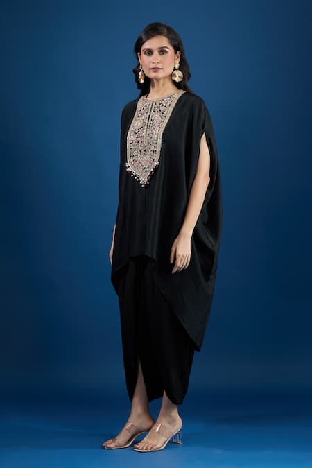 Shop Prisho Black Embroidery Round Neck Designer Kaftan And Tulip Pant Set Online at Aza Fashions Shop_Prisho_Black Embroidery Round Neck Designer Kaftan And Tulip Pant Set _Online_at_Aza_Fashions