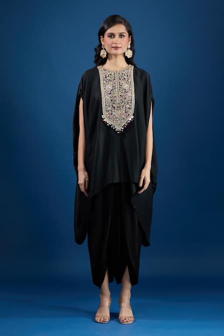 Prisho Black Embroidery Round Neck Designer Kaftan And Tulip Pant Set at Aza Fashions Prisho_Black Embroidery Round Neck Designer Kaftan And Tulip Pant Set _at_Aza_Fashions