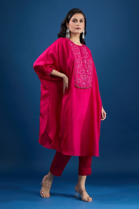 Prisho_Fuchsia Embroidery Round Neck Pink Designer Kaftan And Pant Set _Online_at_Aza_Fashions