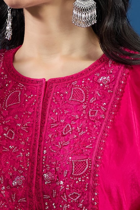 Buy_Prisho_Fuchsia Embroidery Round Neck Pink Designer Kaftan And Pant Set _Online_at_Aza_Fashions