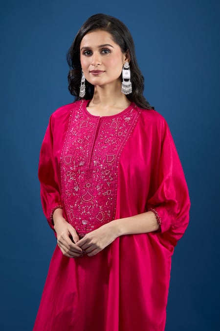Shop_Prisho_Fuchsia Embroidery Round Neck Pink Designer Kaftan And Pant Set _Online_at_Aza_Fashions