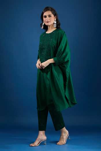 Shop_Prisho_Green Embroidery Round Neck Bottle Designer Kaftan And Pant Set _Online_at_Aza_Fashions