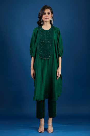 Buy_Prisho_Green Embroidery Round Neck Bottle Designer Kaftan And Pant Set 