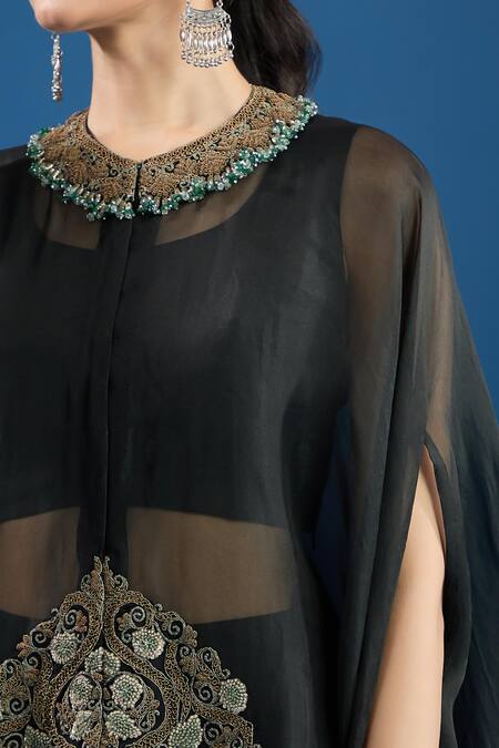 Prisho Black Chiffon Embroidery Round Neck Designer Kaftan Set Online at Aza Fashions Prisho_Black Chiffon Embroidery Round Neck Designer Kaftan Set _Online_at_Aza_Fashions