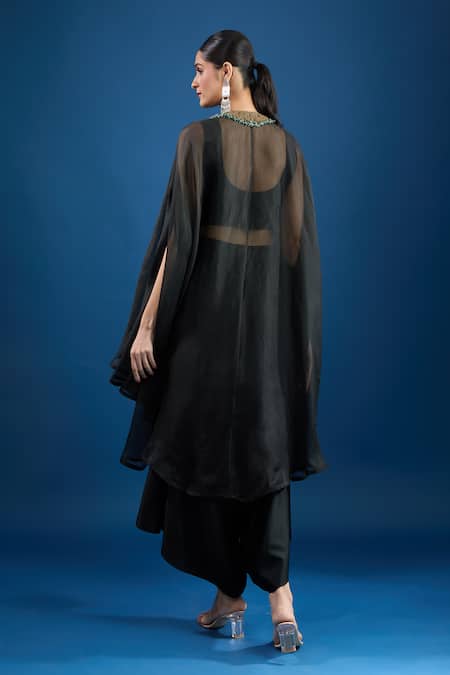 Shop Prisho Black Chiffon Embroidery Round Neck Designer Kaftan Set at Aza Fashions Shop_Prisho_Black Chiffon Embroidery Round Neck Designer Kaftan Set _at_Aza_Fashions