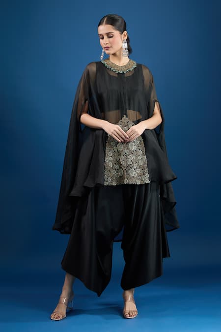 Prisho Black Chiffon Embroidery Round Neck Designer Kaftan Set 