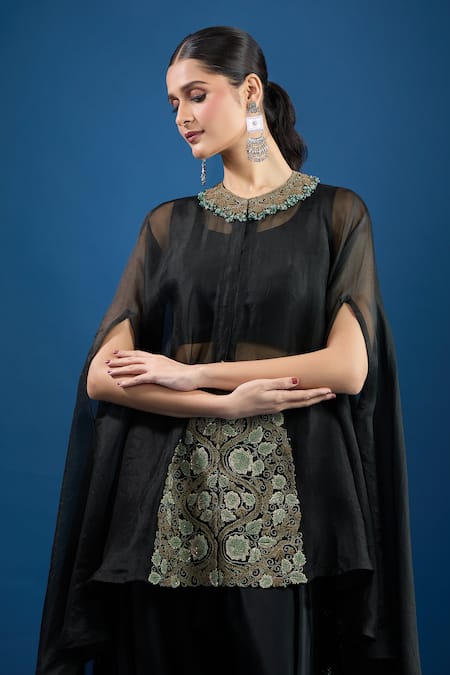 Prisho Black Chiffon Embroidery Round Neck Designer Kaftan Set at Aza Fashions Prisho_Black Chiffon Embroidery Round Neck Designer Kaftan Set _at_Aza_Fashions