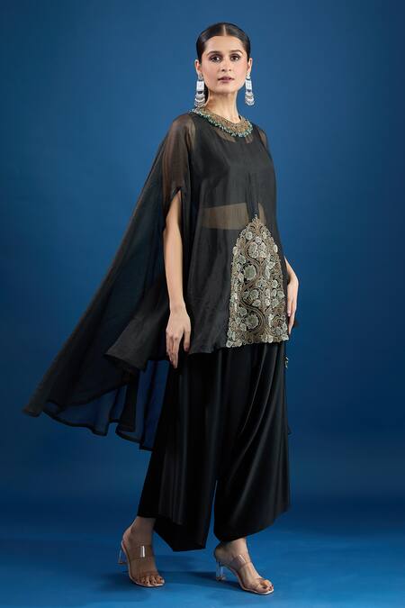 Buy Prisho Black Chiffon Embroidery Round Neck Designer Kaftan Set Buy_Prisho_Black Chiffon Embroidery Round Neck Designer Kaftan Set