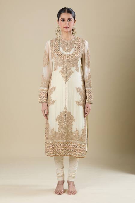 Anamika Khanna_Ivory Embroidery Round Neck Kurta Set_at_Aza_Fashions