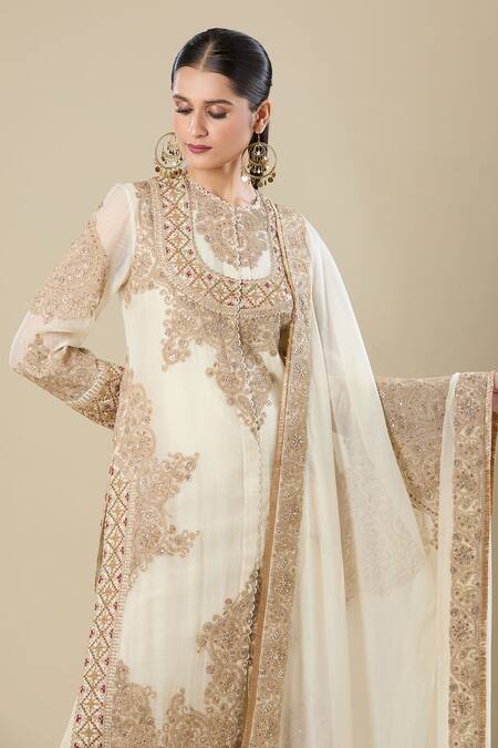 Buy_Anamika Khanna_Ivory Embroidery Round Neck Kurta Set