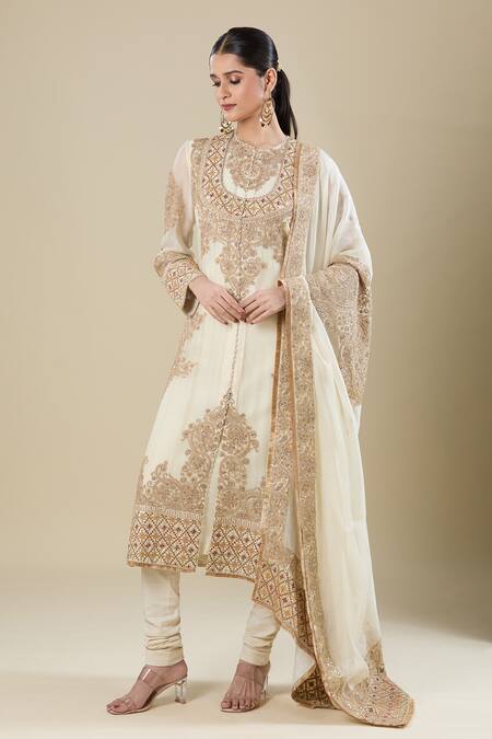 Shop_Anamika Khanna_Ivory Embroidery Round Neck Kurta Set