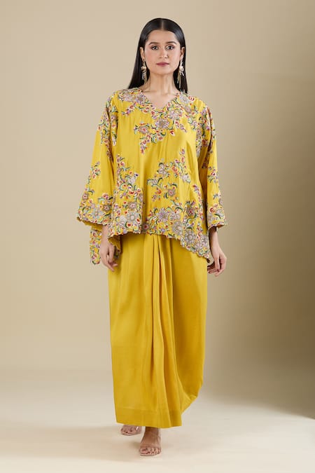 Anamika Khanna_Yellow Embroidery Round Neck Top And Draped Skirt _Online_at_Aza_Fashions